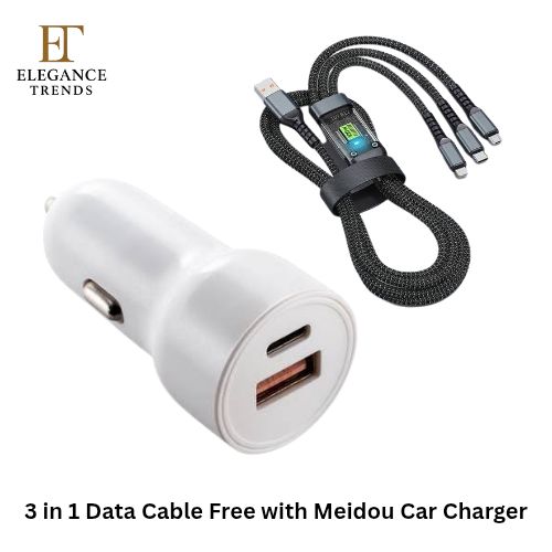 Dual Port Fast Cable Car Charger - with QC 3.0 & | 3.1A Port | 3 in 1 Cable Free