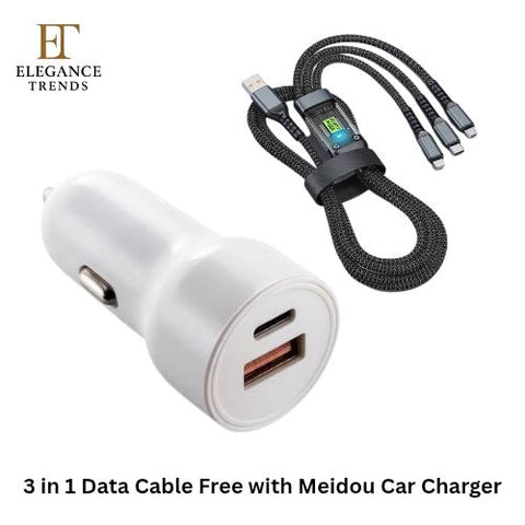 Dual Port Fast Cable Car Charger - with QC 3.0 & | 3.1A Port | 3 in 1 Cable Free